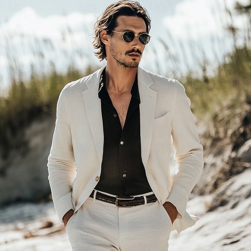 Men's Casual Beach Wedding Linen Suits Sky Blue Sage Daily Lightweight Solid Colored Standard Fit 2 Piece Single Breasted One-button