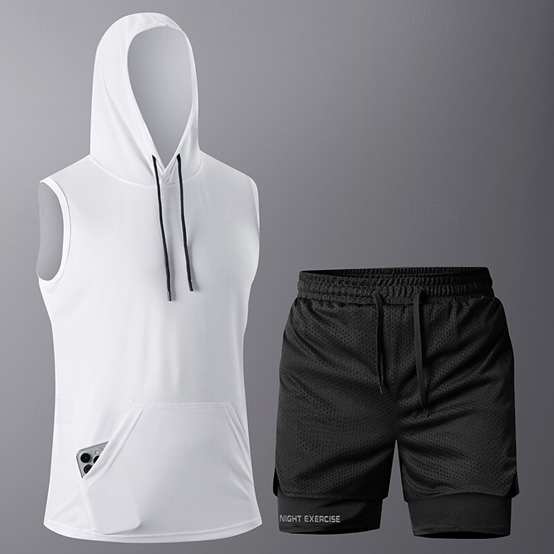 Men's Tracksuit Running T-Shirt With Shorts Drawstring Pocket Solid Colored Sweatshirt and Pants Athletic Clothing Set Clothing Suit Summer Black White Gym Workout Jogging Running Soft Breathable