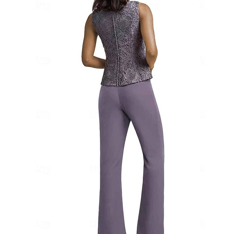 Pantsuit Mother of the Bride Dress Wedding Guest Elegant Simple Scoop Neck Floor Length Polyester Long Sleeve with Appliques Solid Color3