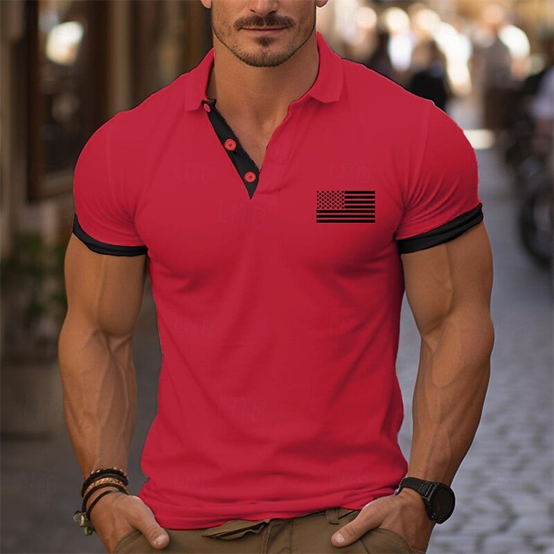 Men's Golf Shirt Golf Polos Shirts Work Casual Lapel Short Sleeve Basic Modern Color Block National Flag Patchwork Buttons Summer Regular Fit Wine White Yellow Red Navy Blue Dark Gray Golf Shirt3