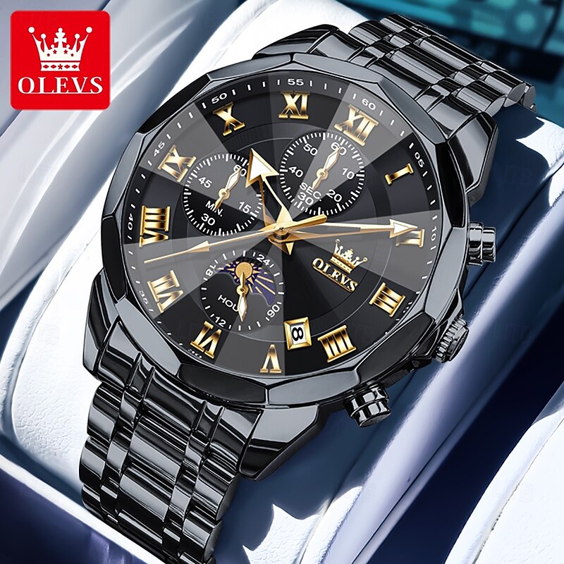 OLEVS 3675 Original Business Men Watch HD Rhombus Mirror Waterproof Moonphase Timing Watch Top Luxury Fashion Men Watch