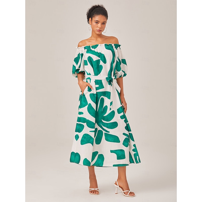 Loose-Fitting Boat-Neck Printed Color-Block Dress2