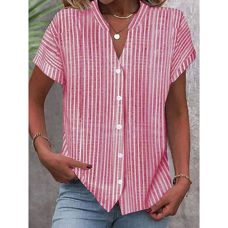 Women's Shirt V Neck Button Down Blouse Graphic Striped Stylish Beach Short Sleeve Shirt Collar Regular Tops Daily Buttons Print Pink Blue Green Gray Spring Fall4