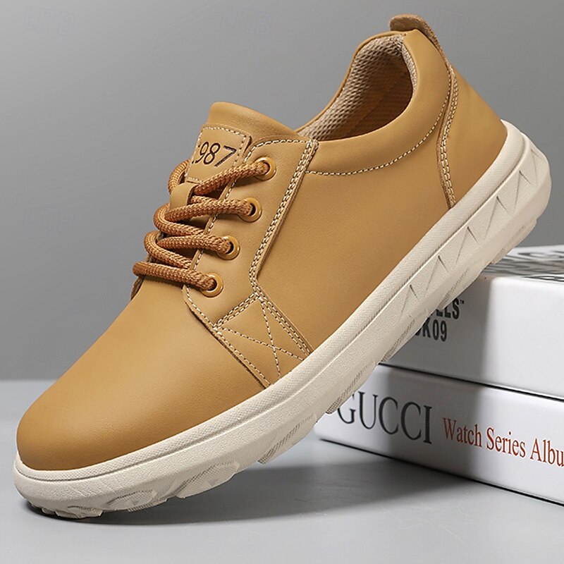 Men's Casual Beige Leather Sneakers with Lace-Up Design - Perfect for Everyday Comfort and Leisure Activities