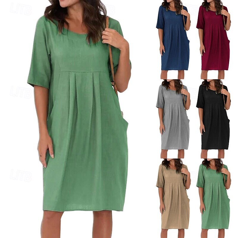 Women's Mini Dress Linen-Inspired Dresses Cotton Linen Dress Fashion Basic Modern Outdoor Daily Holiday Regular Fit Plain Short Sleeve Crew Neck Blue Green Rose Red Gray Summer