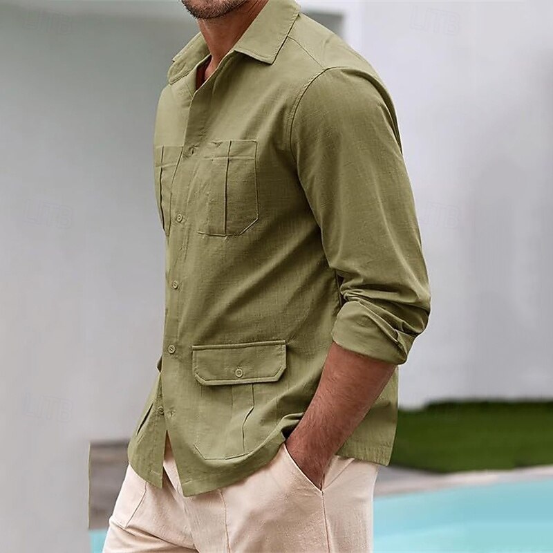 Men's Shirt Linen Shirt Casual Shirt Button Up Shirt Cotton Shirt Guayabera Plain Vacation Hawaiian Black White Green Apricot Long Sleeve Lapel Spring Fall Clothing Apparel Front Pocket3
