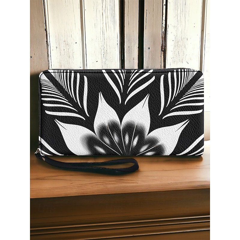 Women's Black and White Floral Print Wallet – Faux Leather Zipper Clutch with Wrist Strap, Stylish Large Capacity Purse for Travel, Shopping & Everyday Use