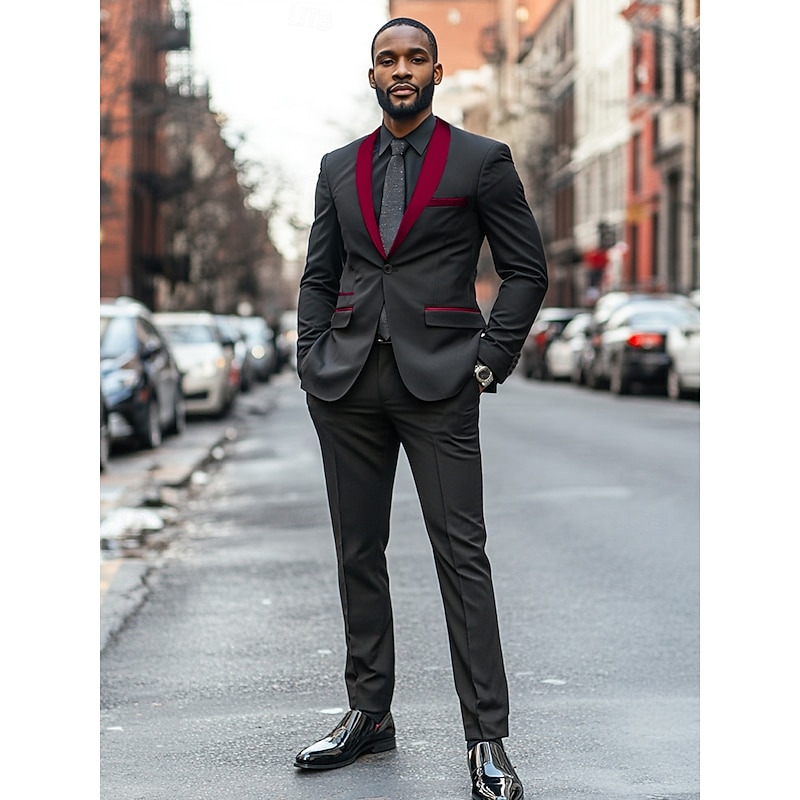 Men's Wedding Prom Party Suits Shawl Lapel Red Fashion Formal Solid Colored Standard Fit 2 Piece Single Breasted One-button