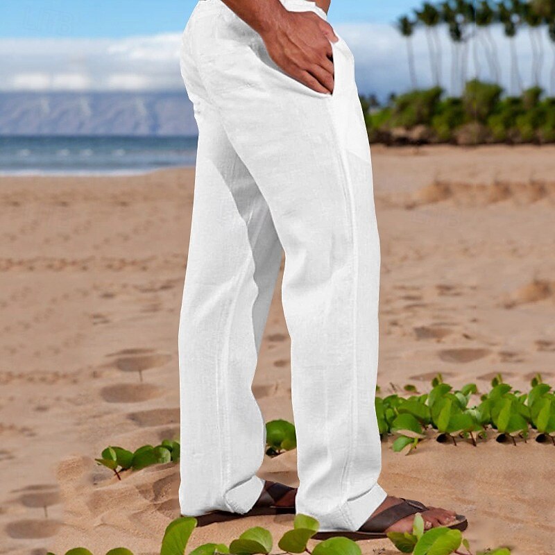 Men's Linen Pants Trousers Summer Pants Baggy Pants Beach Pants Drawstring Elastic Waist Straight Leg Plain Comfort Breathable Full Length Daily Holiday Beach Vacation Fashion White Navy Blue