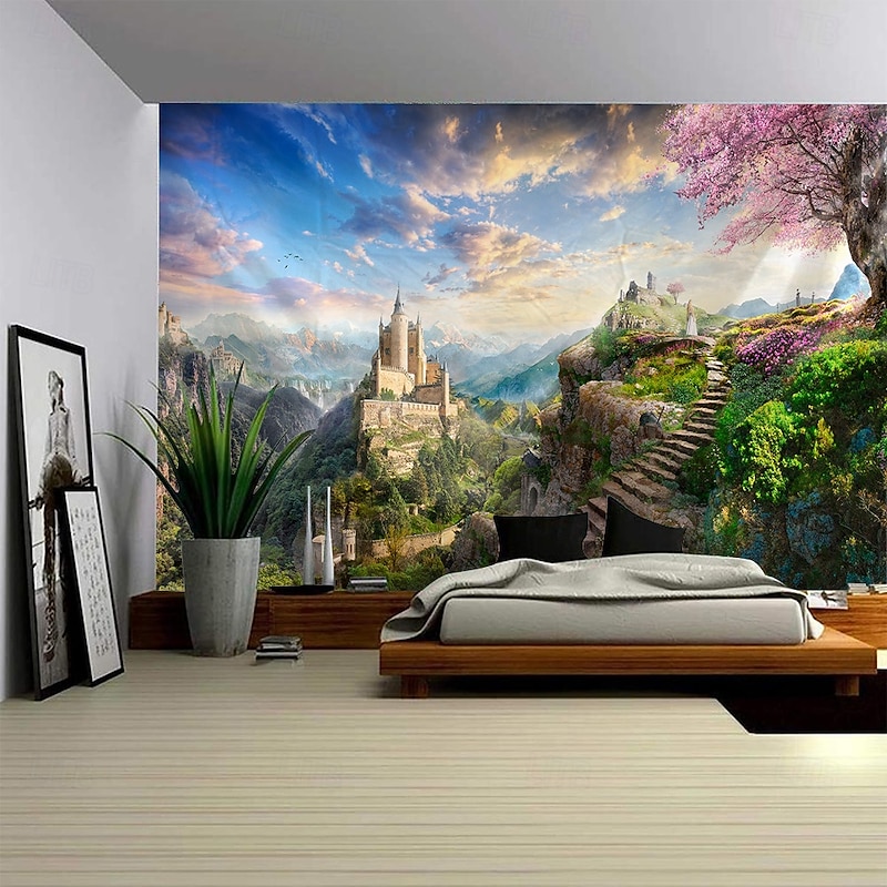 A Beautiful castle scenery Hanging Tapestry Wall Art Large Tapestry Mural Decor Photograph Backdrop Blanket Curtain Home Bedroom Living Room Decoration