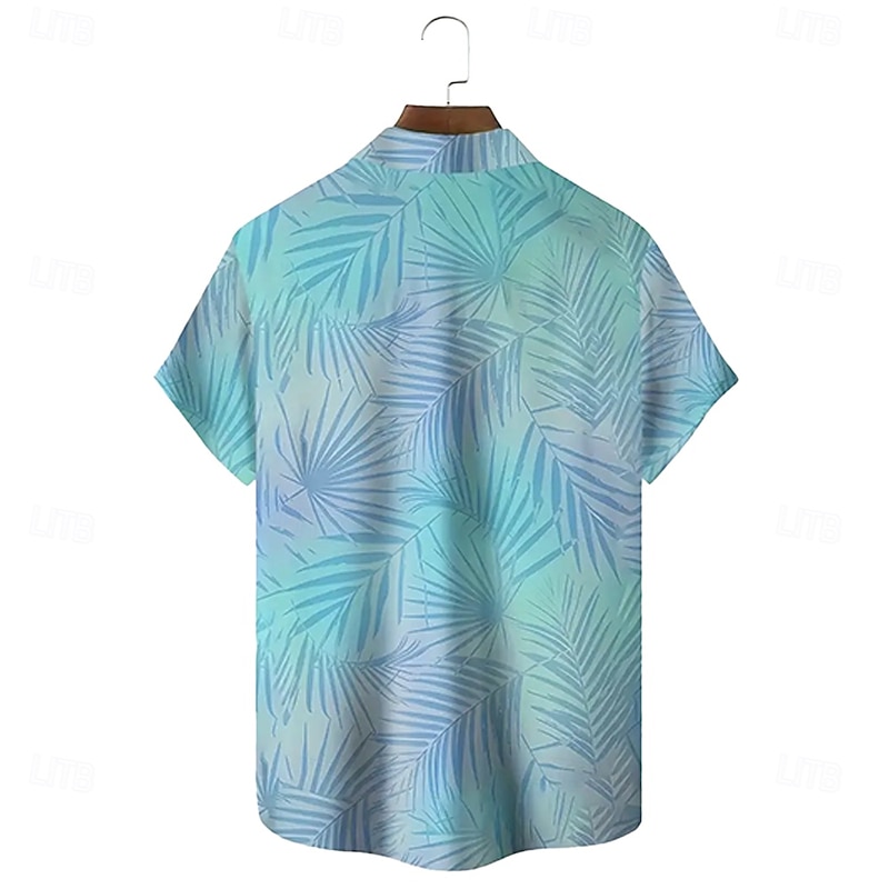 Men's Palm Leaf Tropical Plants Summer Hawaiian Shirt Button Up Shirt Short Sleeve Hawaiian Resort Vacation Holiday Beach Wear Summer Spring Turndown Collared Shirts Front One Pocket Light Blue2