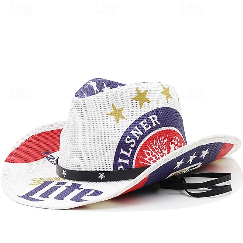 Men's Sun Hat Cowboy Hat Fedora Trilby Hat White khaki Straw Rope Vintage Style Fashion 18th Century Daily Theme Party American Flag Sunscreen Outdoor