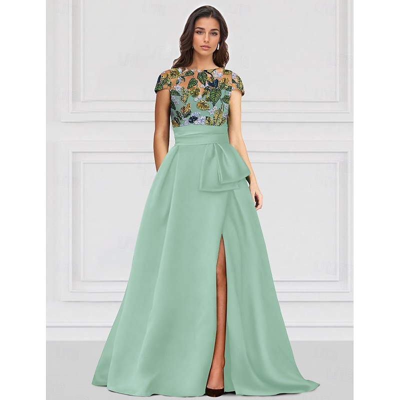 Floral Embroidered Leaf A-Line Evening Gown Elegant Dress Formal Wedding Floor Length Half Sleeve Illusion Neck Satin with Slit Appliques