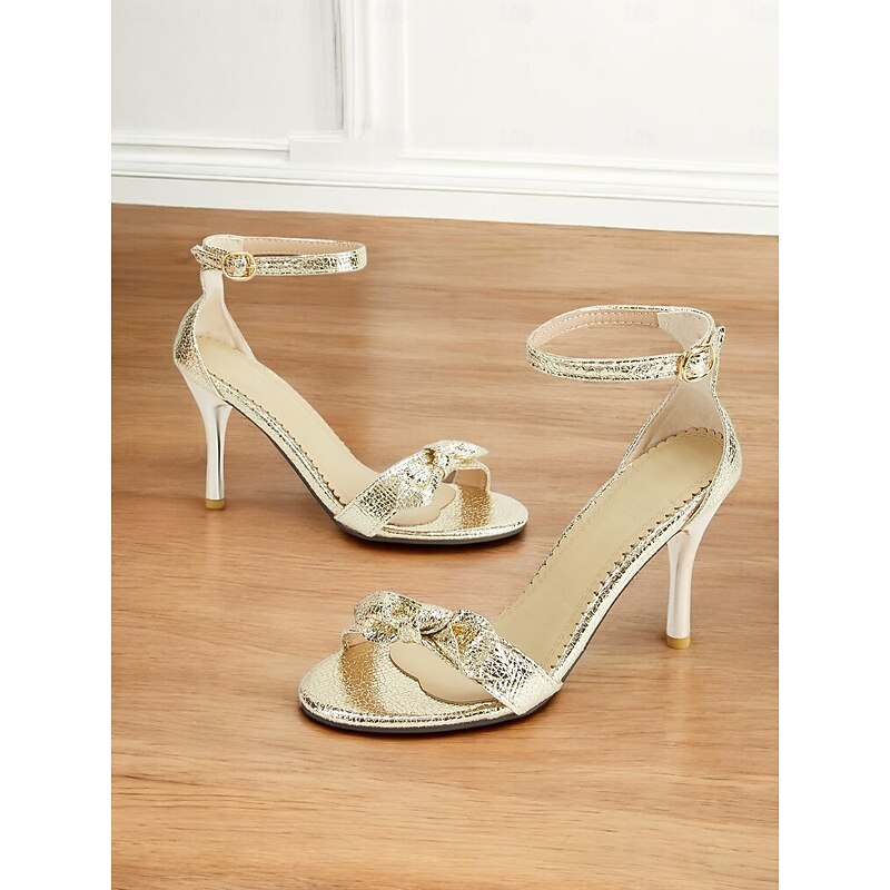 Women's 1950s Gold Ankle Strap Stiletto Heels – Elegant Open Toe High Heel Sandals with Bow Detail for Weddings, Parties, and Evening Events3