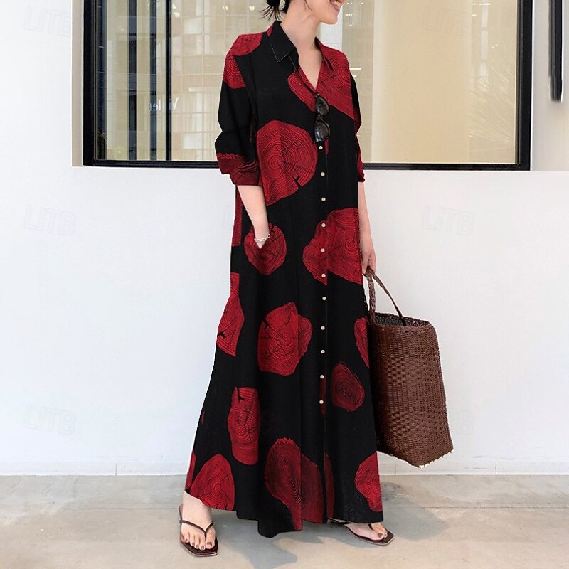 Women's Long Dress Maxi Dress Cotton Linen Dress Print Dress Fashion Daily Weekend Regular Fit Flower Long Sleeve Shirt Collar Black White Yellow Red Summer4