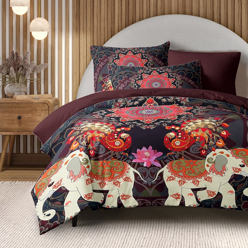 Bohemian Duvet Cover Set 100% Cotton Soft and Breathable Bedding Featuring Elephant Paisely Prints Lightweight and Durable Quilt Cover Comfortable for All Seasons Easy to Care