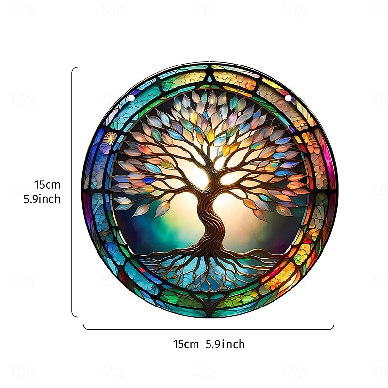 Acrylic Tree of Life Wall Hanging Decor, 5.9 x 5.9 Inch Round 2D Colorful Print Ornament, Creative and Unique Wall Art for Home, Window, Door, Party, and Festive Decoration2