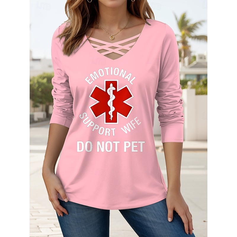 Women's T Shirt Graphic Letter Casual Long Sleeve V Neck Regular Tops Daily Cut Out Print Black Pink Green Spring Fall