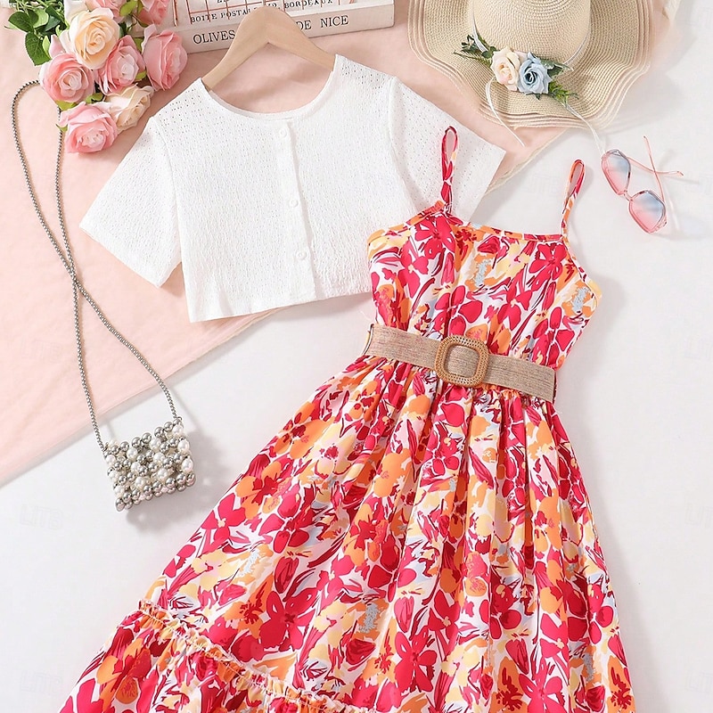 2 Pieces Kids Girls' Cartoon Dress Suits Set Short Sleeve Daily School 7-13 Years Summer Red3