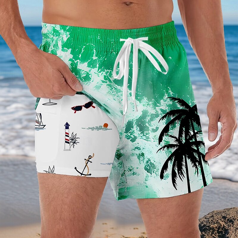 Men's Coconut Tree Ocean Tropical Lined Shorts 2 in 1 Board Shorts Swim Shorts Mid Waist Hawaiian Vacation Beach Wear Side Pockets With Compression Liner Elastic Drawstring Waist Designer Clothing2