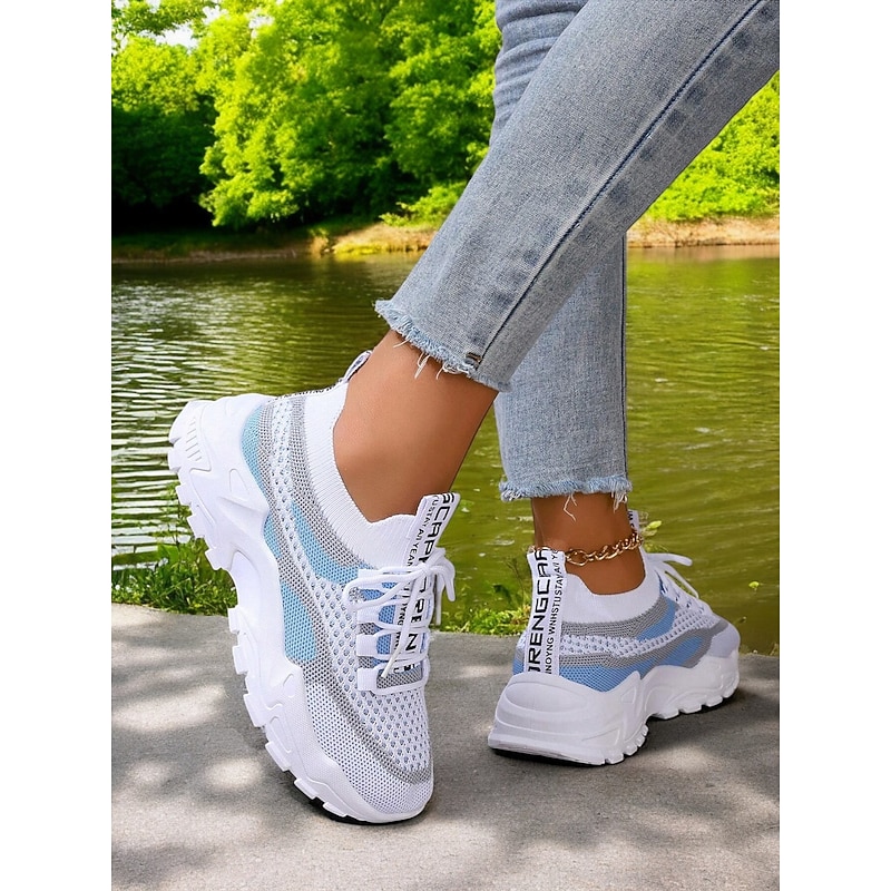 Women's Breathable Flyknit Chunky Sneakers - Lightweight Mesh Lace-Up Sports Shoes, Stylish Casual Trainers for Running & Walking3