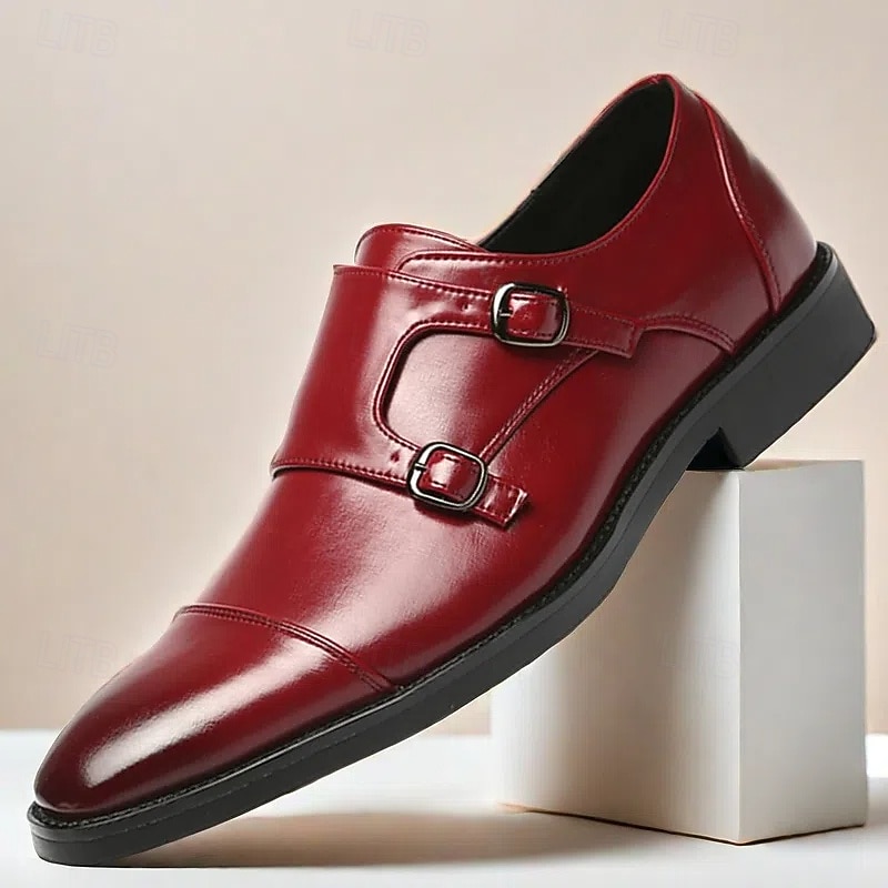 Men's Burgundy Double Monk Strap Faux Leather Shoes - Elegant Slip-On Dress Shoes for Weddings & Formal Occasions
