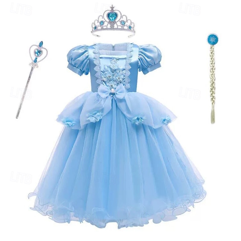 Kids Girls' Dress Cosplay Dress Princess Dress Solid Color Short Sleeve Performance Party Cosplay Costumes Mesh Patchwork Adorable Costume Polyester Lace Midi Party Dress Tulle Dress Summer Spring 4