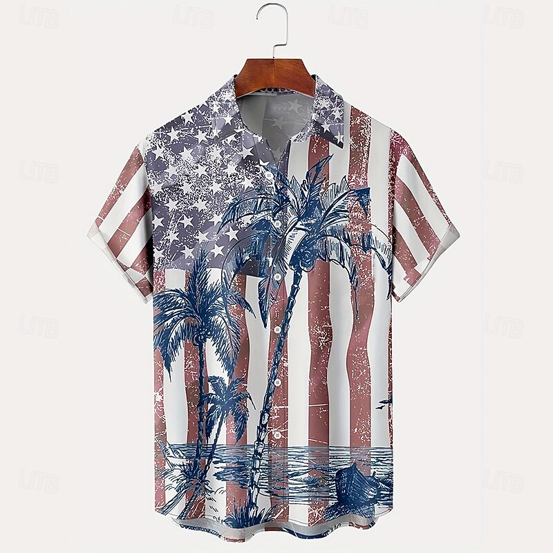 Men's Coconut Tree American US Flag Tropical Plants Casual Shirt Summer Hawaiian Shirt Button Up Shirt Short Sleeve Hawaiian Resort Vacation Beach Wear Summer Spring Turndown 3D Print Collared Shirts3