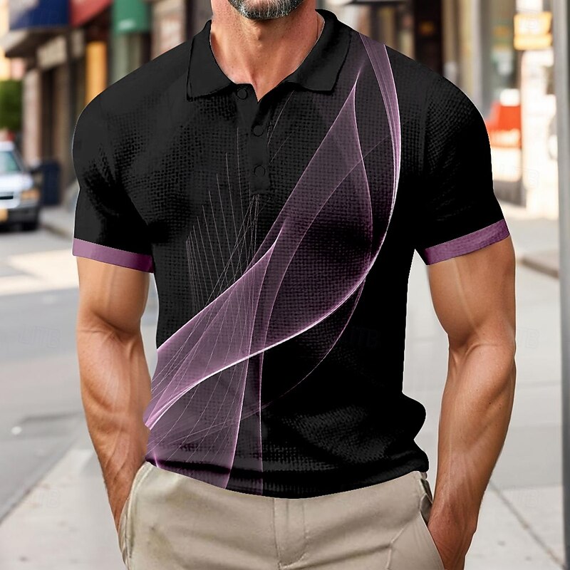 Men's Geometic Line Waffle Polo Shirts Short Sleeve Polo Shirts Collared Shirts Business Casual Athleisure Daily Wear Buttons 3D Print Summer Yellow Blue Purple3