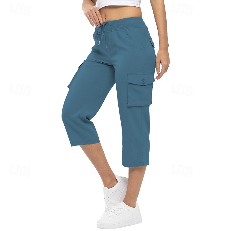 Women's Capri Pants Slacks Parachute Pants Casual Daily Casual Calf-Length Natural Plain Pocket Elastic Drawstring Design Breathability Soft Micro-elastic Street Daily Peacock Blue Light Sky Blue2