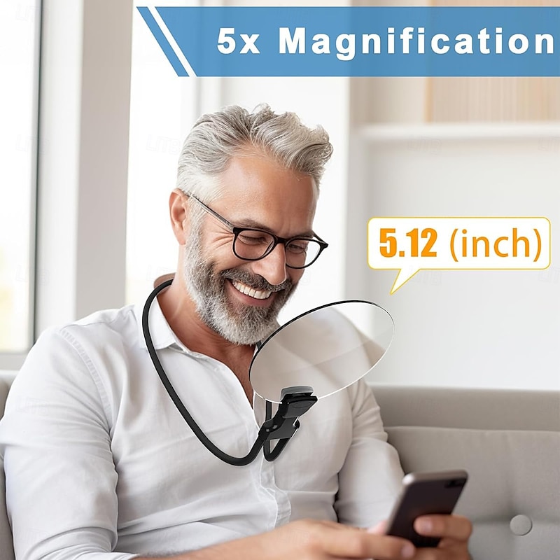 5X Hands Free Magnifying Glass Adjustable Magnifier with4.33in Diameter Lens and Stand Neckwear for Reading Seniors Low Vision Sewing Crafting Cross Stitch Inspection Repair2
