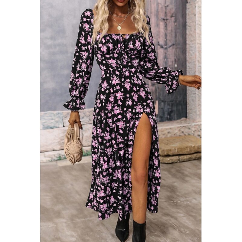 Women's Midi Dress Graduation Dress Floral Dress Fashion Modern Outdoor Vacation Holiday Regular Fit Flower Long Sleeve Square Neck White Blue Purple Gold Summer2