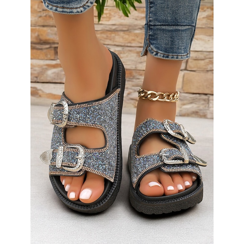 Women's Buckle Platform Slide Sandals – Sparkly Open-Toe Slip-On Shoes with Rhinestone Accents for Casual & Party Wear4