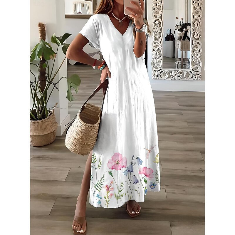 Women's Maxi Dress Sundress A Line Dress Vacation Casual Beach Party Going out Regular Fit Floral Graphic Short Sleeve V Neck Light Pink White Pink Spring Fall3