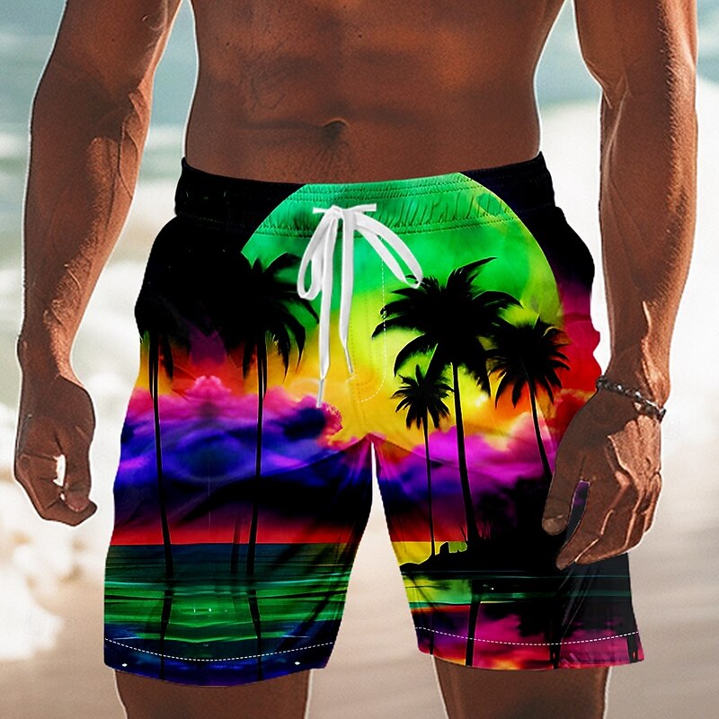 Men's Coconut Tree Landscape Tropical Plants Swim Shorts Board Shorts Swimming Trunks Mid Waist Hawaiian Vacation Drawstring Mesh Lining Elastic Waist Designer Clothing Apparel