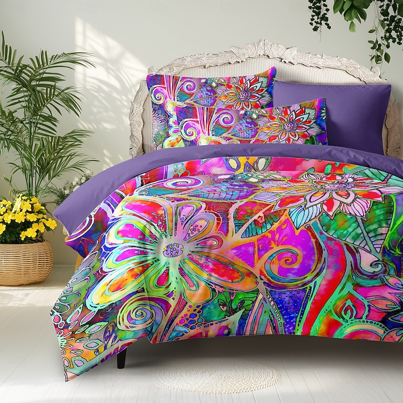 Bohemian Duvet Cover Set 100% Cotton Soft and Breathable Bedding Featuring Colorful Flowers Lightweight and Durable Quilt Cover Comfortable for All Seasons Easy to Care