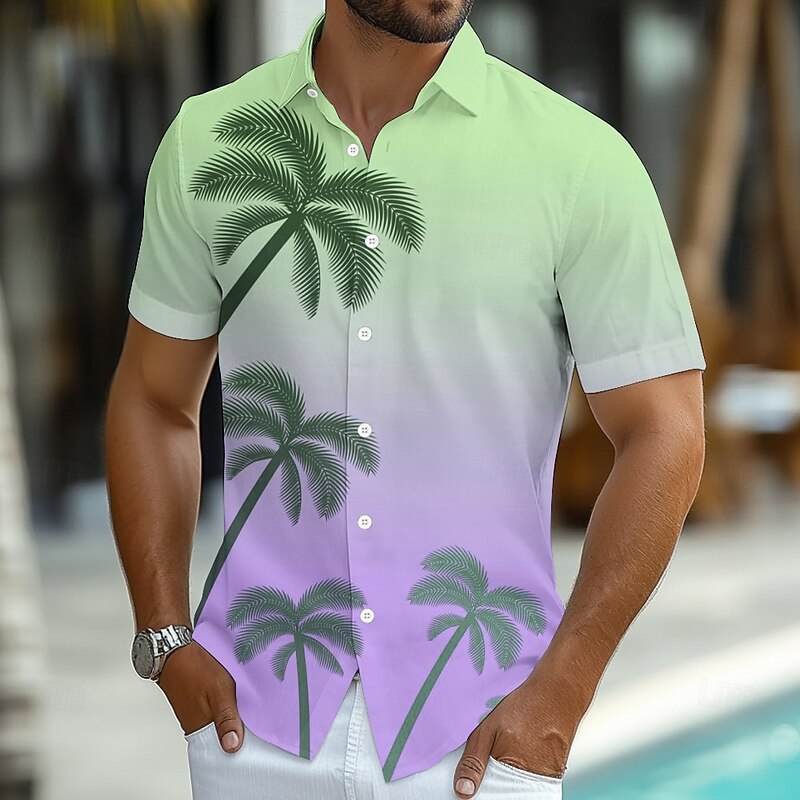 Men's Coconut Tree Gradient Color Tropical Plants Shirt Summer Hawaiian Shirt Button Up Shirt Short Sleeve Hawaiian Vacation Holiday Beach Wear Summer Spring Turndown 3D Print Collared Shirts Pink3