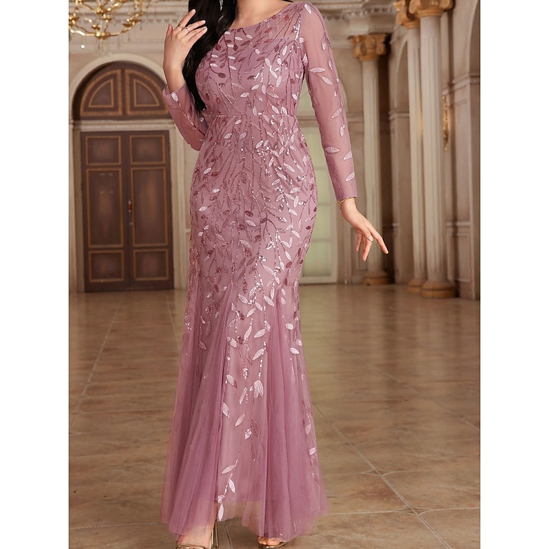 Dress Mother of the Bride Dress Elegant Party Crew Neck Floor Length Polyester Long Sleeve with Embroidery2