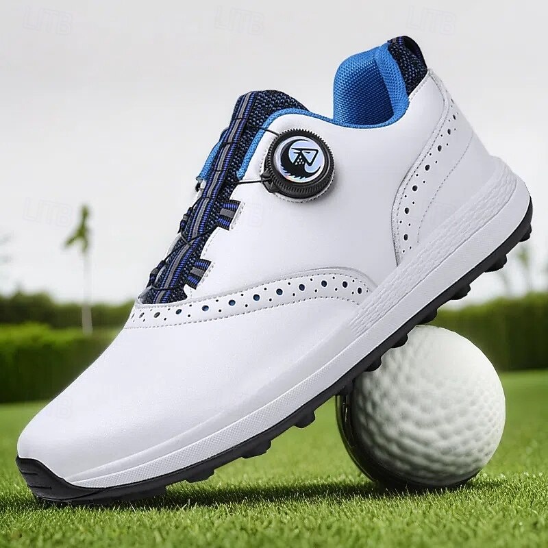 Men's Modern White Golf Shoes with Blue Detailing, Lace-Up Design, Breathable Upper, Perfect for Professional Golfers2