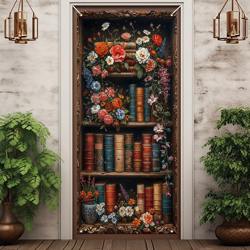 Floral Bookshelf Door Decorations Door Covers Door Tapestry Door Curtain Decoration Backdrop Indoor/Outdoor Door Banner for Front Door Farmhouse