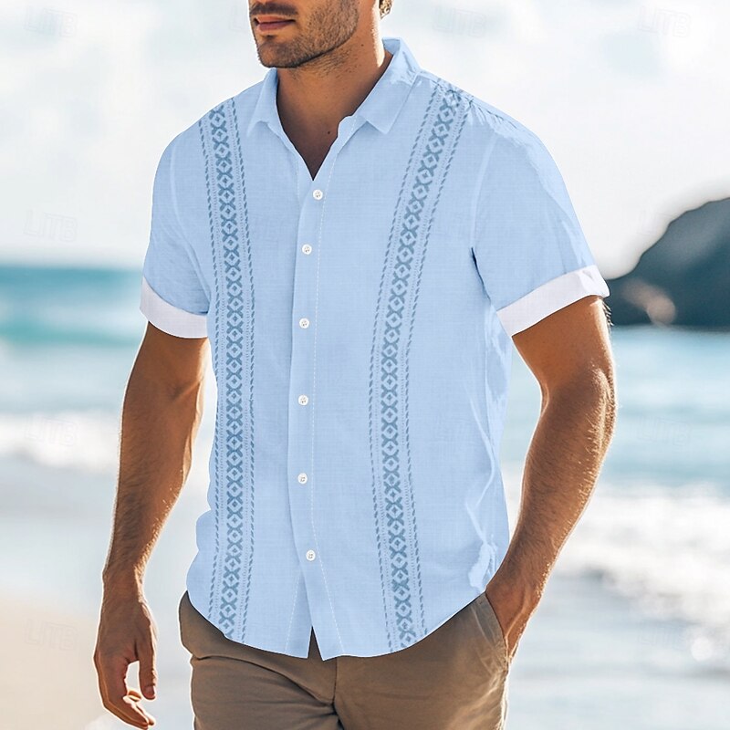 Men's Geometric Shirt Guayabera Shirt Button Up Shirt Short Sleeve Fashion Casual Vacation Dailywear Beach Wear Summer Spring Turndown Collared Shirts White Blue Green Khaki2