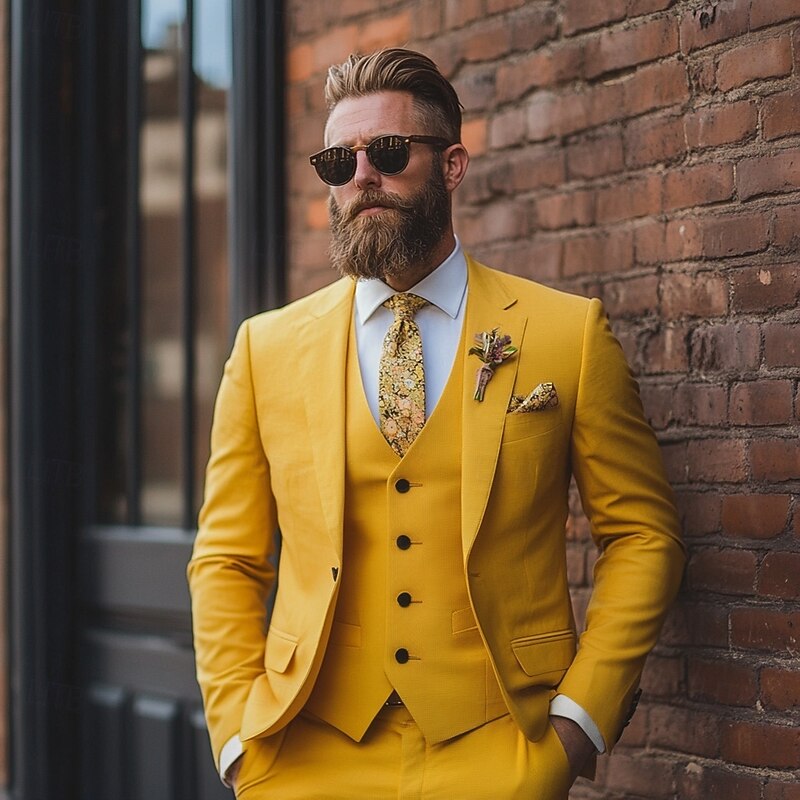 Men's Business Casual Suits Notch Lapel Yellow Formal Solid Colored Standard Fit 3 Piece Single Breasted One-button3