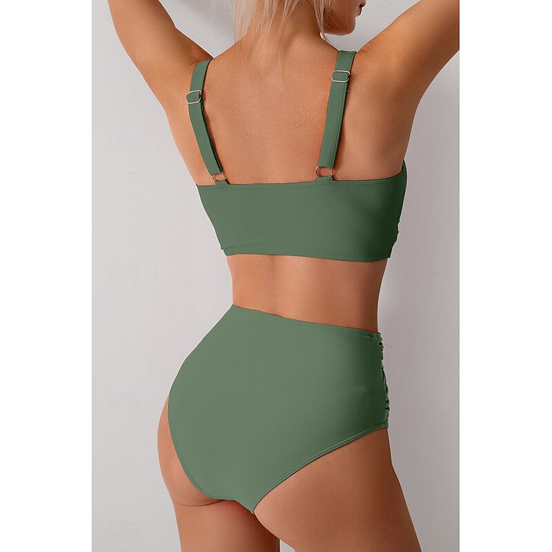 Women's Swimwear Bikini Swimsuit Ruched High Waisted Tropical Beach Wear Plain V Wire Sleeveless Bathing Suits3