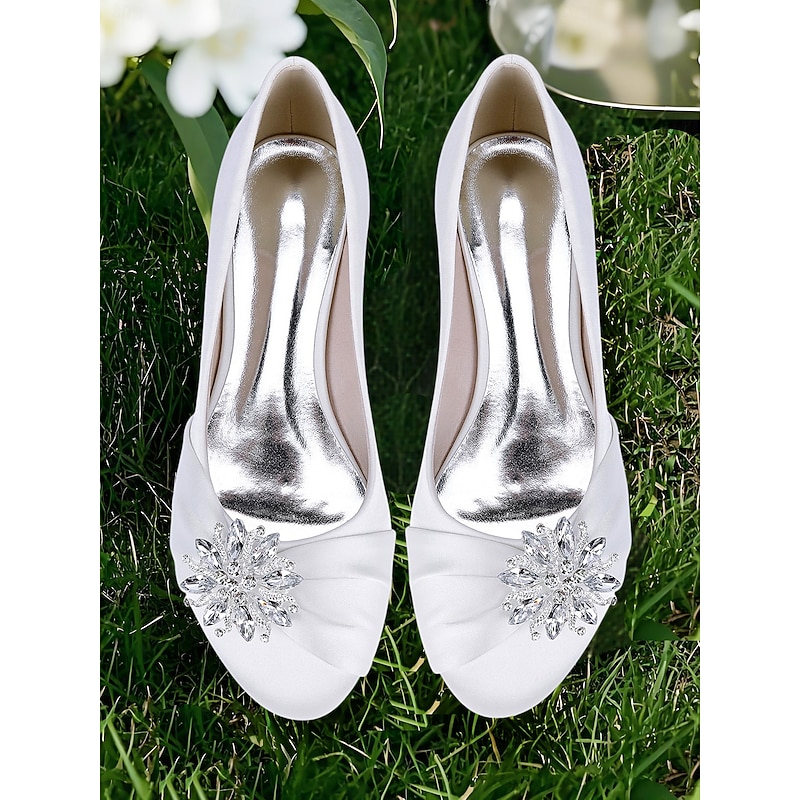 Women's Elegant White Satin Wedding Flats – Crystal Embellished Bridal Shoes with Silver Insole
