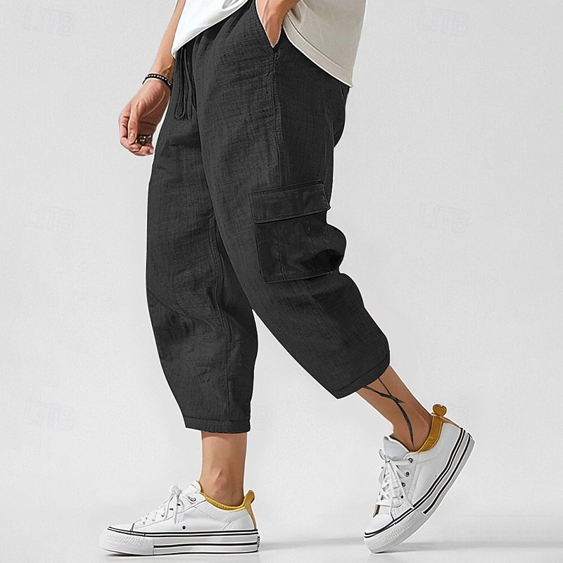 Men's Cargo Pants Linen Pants Trousers Summer Pants Beach Pants Drawstring Elastic Waist Multi Pocket Plain Comfort Breathable Ankle-Length Casual Daily Holiday Fashion Classic Style Black White