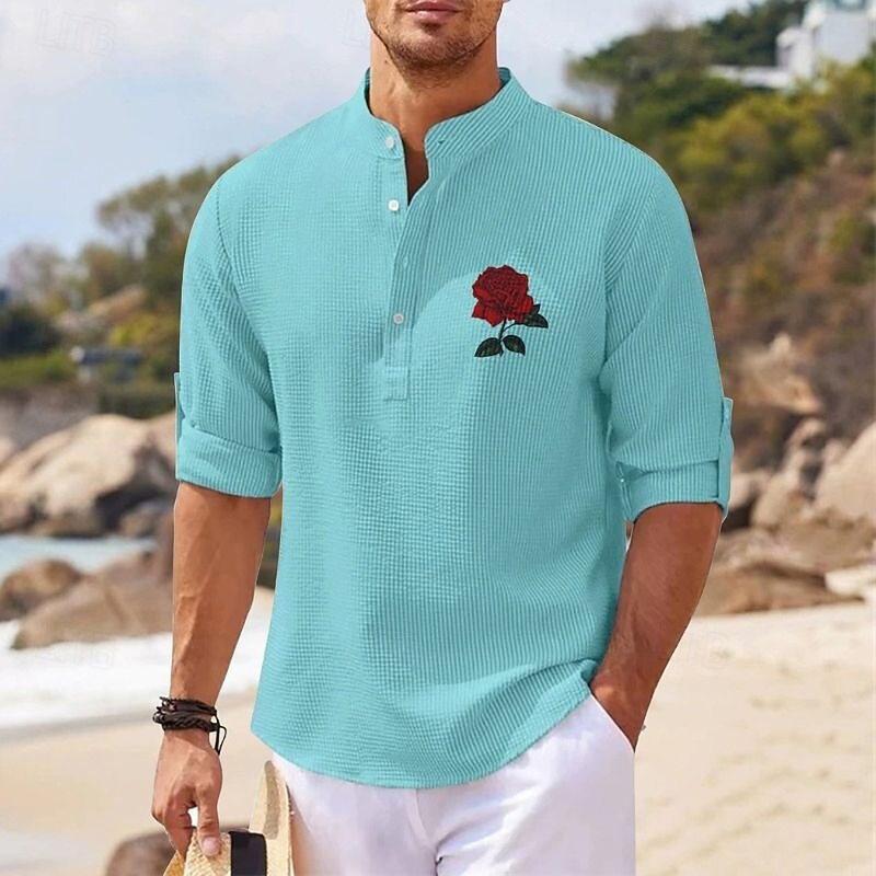 Men's Popover Shirt Summer Shirt Casual Shirt Beach Shirt Waffle Knit Shirt Black White Blue Sky Blue Dark Gray Long Sleeve Rose Classic Stand Collar Henley Vacation Hawaiian Buckle Clothing Apparel2