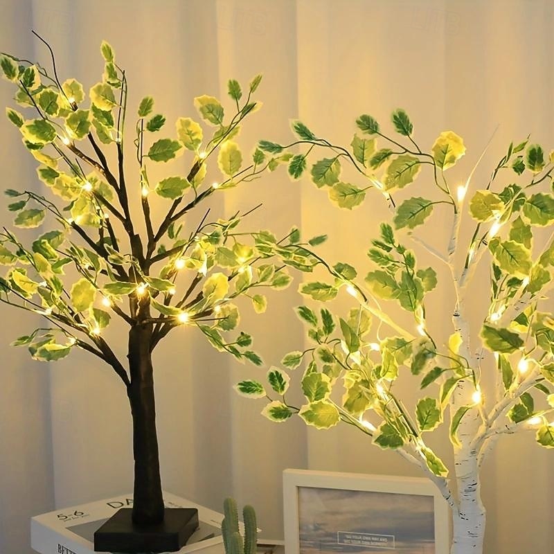 1 Pc 60cm with green leaf LED luminous tree light, warm white light, spring and summer indoor and outdoor courtyard decoration, AAA battery box power supply, USB power supply dual-use3