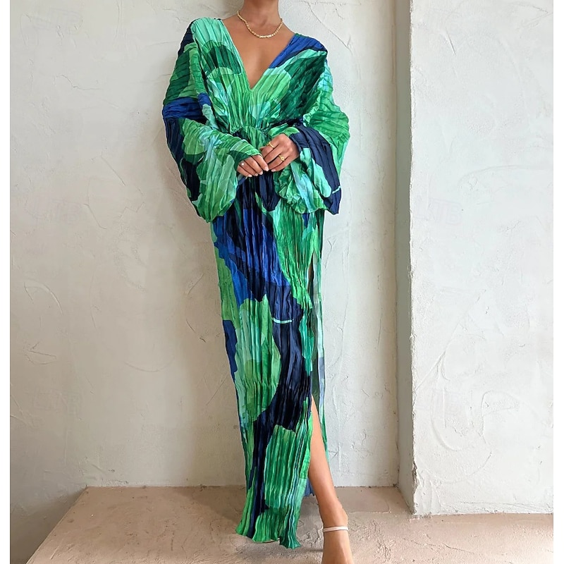 Women's Long Dress Maxi Dress Cocktail Dress Ruched Dress Fashion Party Tea Party Going out Regular Fit Flower Long Sleeve V Neck Green Summer4