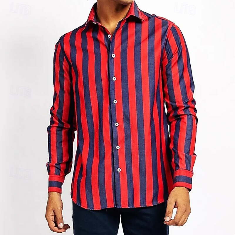 Men's Summer Shirt Casual Shirt Beach Shirt Button Up Shirt Red Dark Navy Blue Long Sleeve Stripes Lapel Vacation Hawaiian Button-Down Clothing Apparel Polyester Fashion Casual Comfortable4