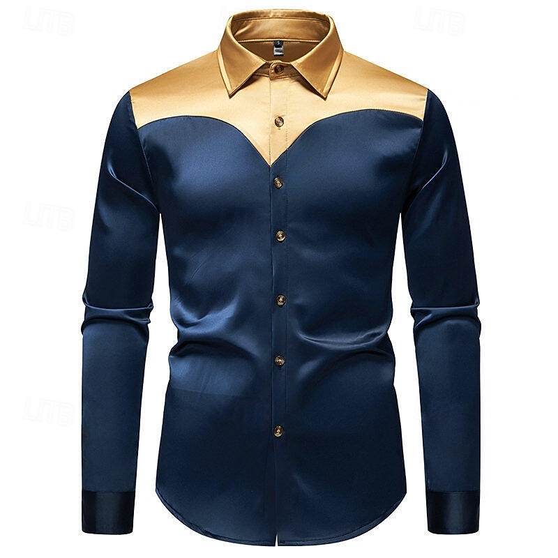 Men's Shirt Summer Shirt Casual Shirt Beach Shirt Button Up Shirt Black White Wine Navy Blue Long Sleeve Color Block Lapel Vacation Hawaiian Patchwork Clothing Apparel Polyester Fashion Casual4